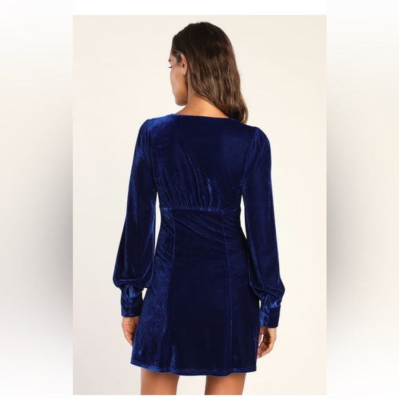NWT Lulus Make it Merry Royal Blue Velvet Long Sleeve Button-Up Mini Dress - Picture 3 of 6